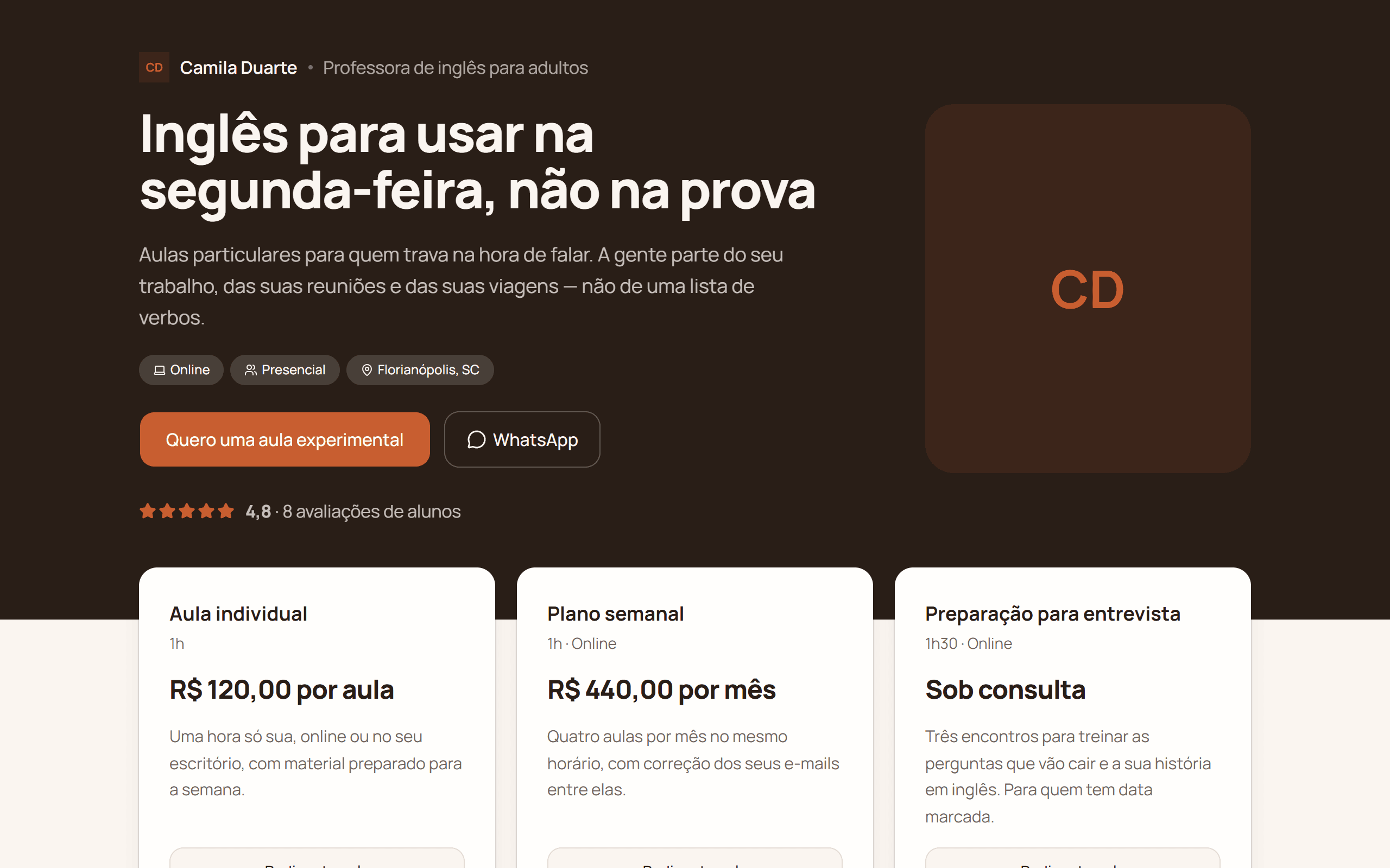 Página pública de uma professora, com chamada, avaliações e tabela de preços