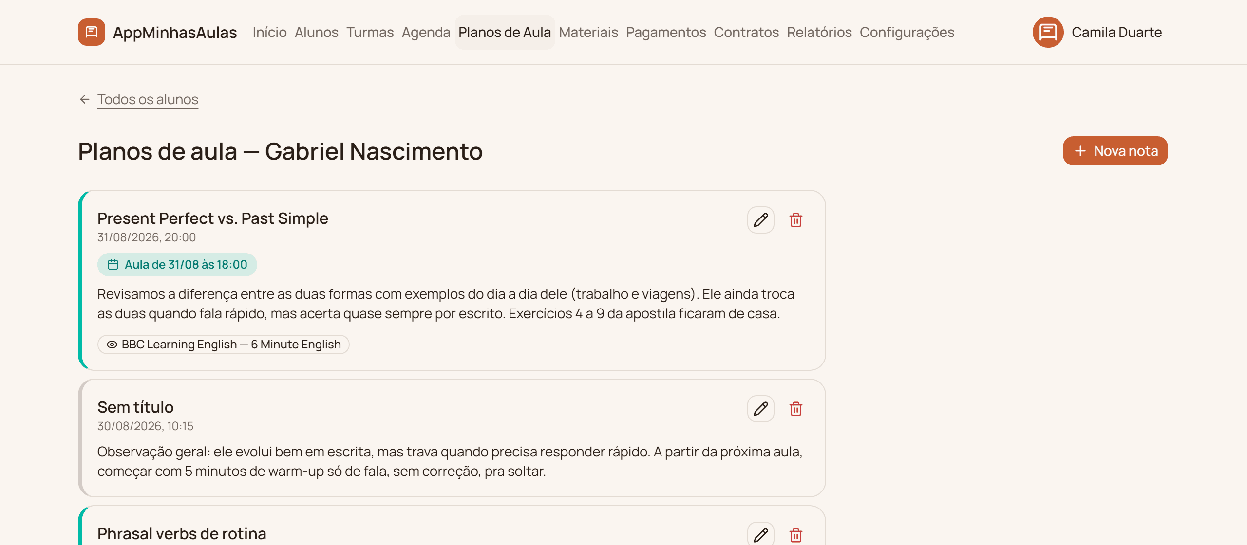 Histórico de notas de um aluno em Planos de Aula