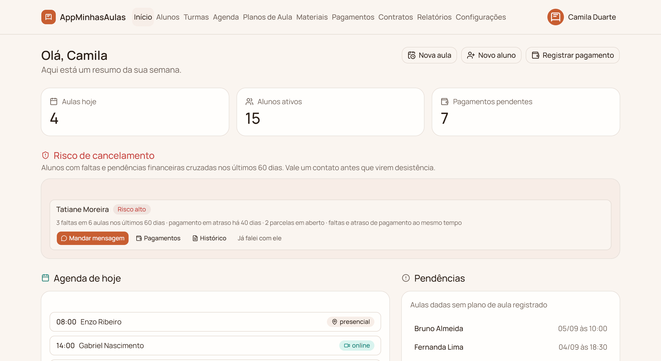 Painel destacando um aluno em risco de cancelamento, com os motivos do alerta