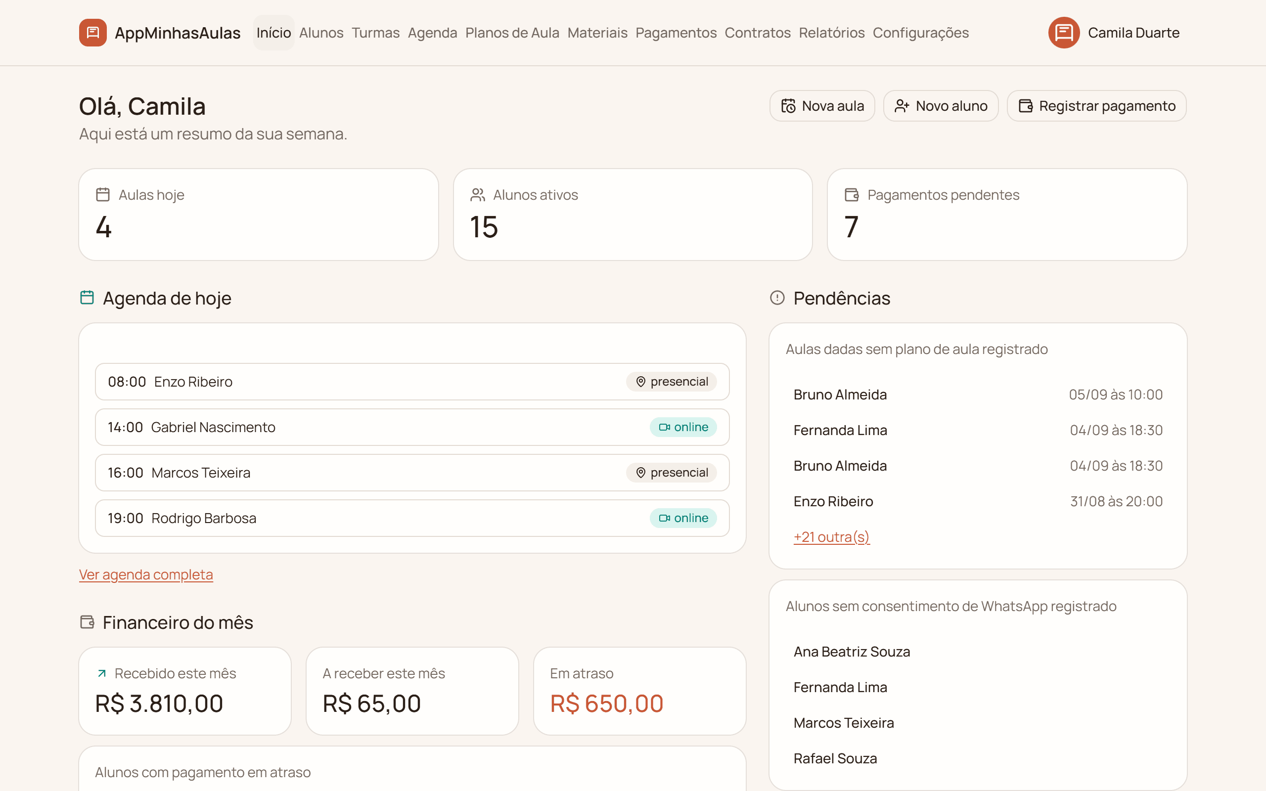 Painel do AppMinhasAulas mostrando resumo do dia, agenda e pendências
